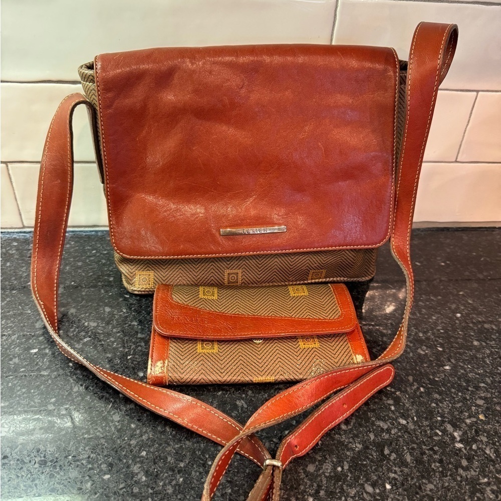 Vintage TEXIER Leather & Canvas Messenger Doctor Purse Bag & Wallet Set France